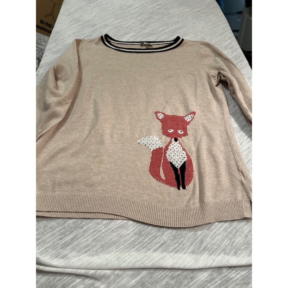 Talbots Petites Women's Beige Fox Embellished Crew‎ Neck Sweater Size SP